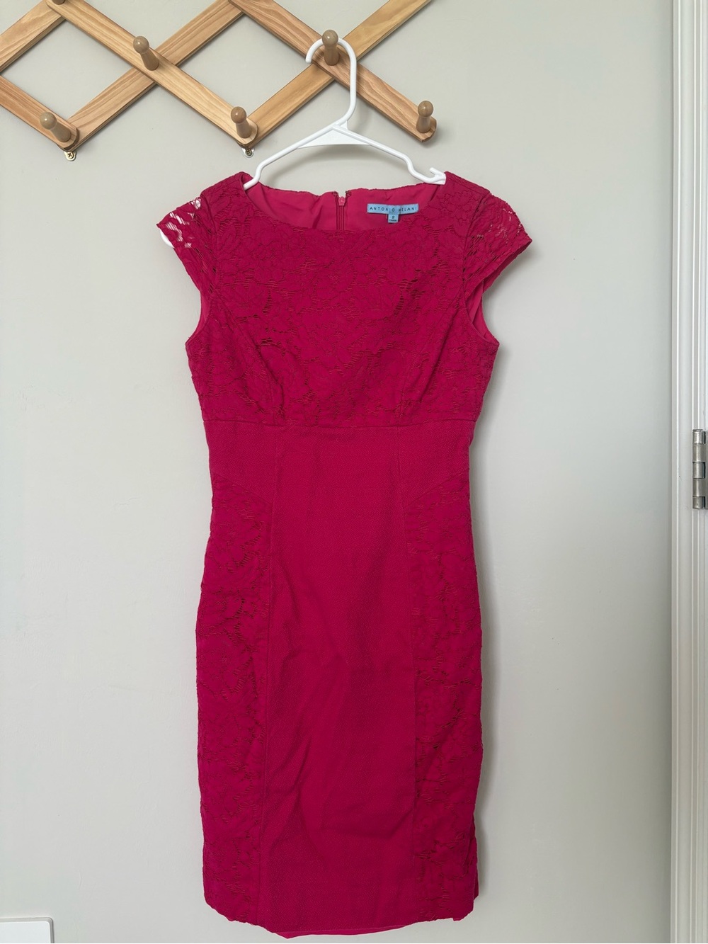 Size 2 ANTONIO MELANI Fuchsia Lace-Detail Midi Dress